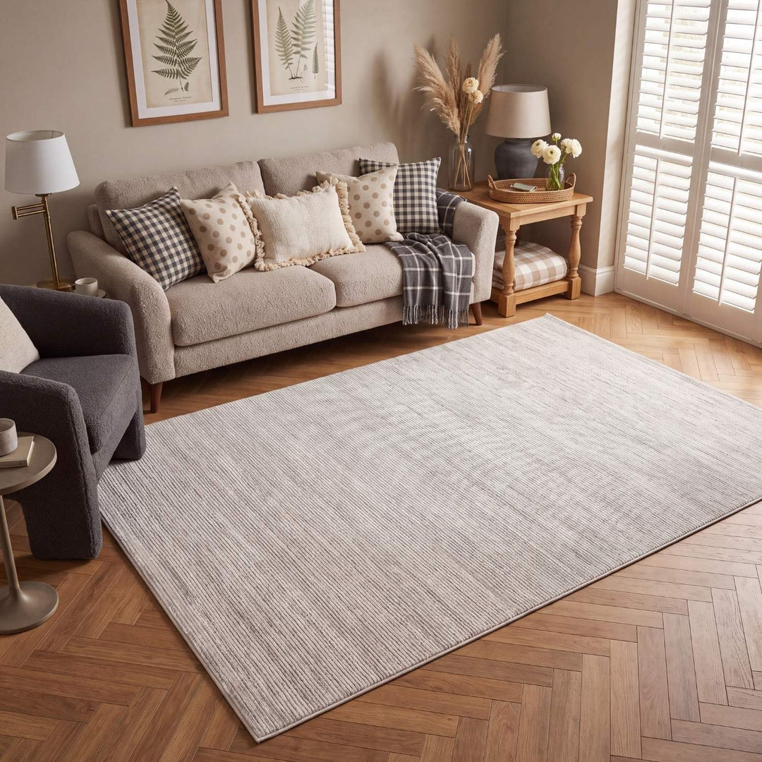 grey-cream colours, striped design, stain-resistant, Cosy comfort rug.
