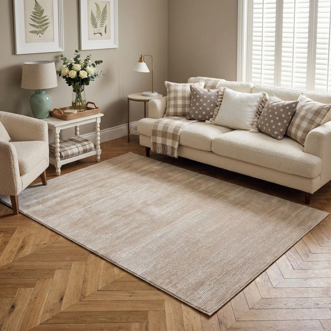 Beige-cream colour, striped design, stain-resistant, Cosy comfort rug.