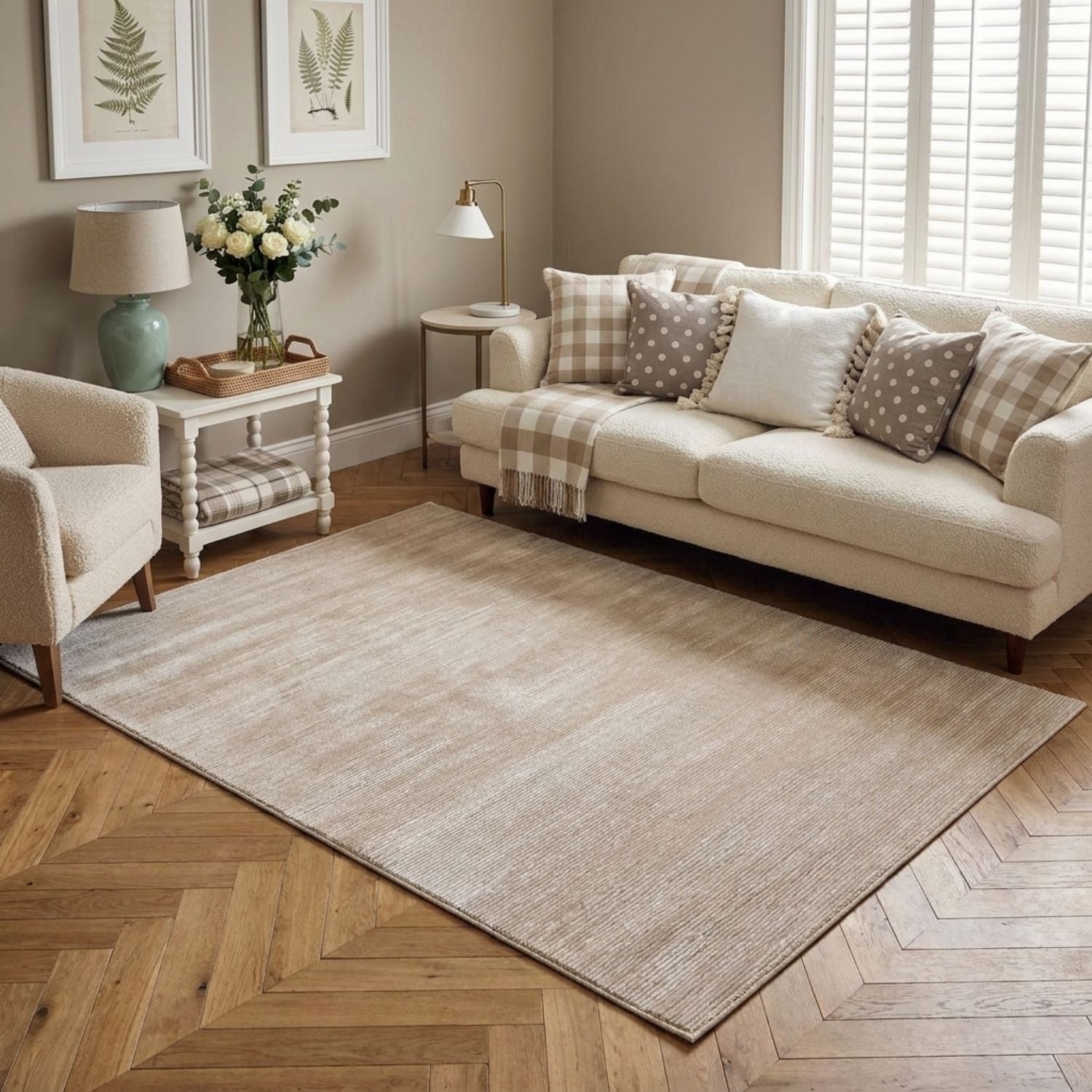 Beige-cream colour, striped design, stain-resistant, Cosy comfort rug.