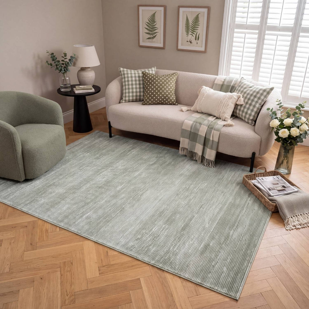 Carmel green striped design rug, textured pile, durable material, anti-allergic, easy-care | THE RUGS