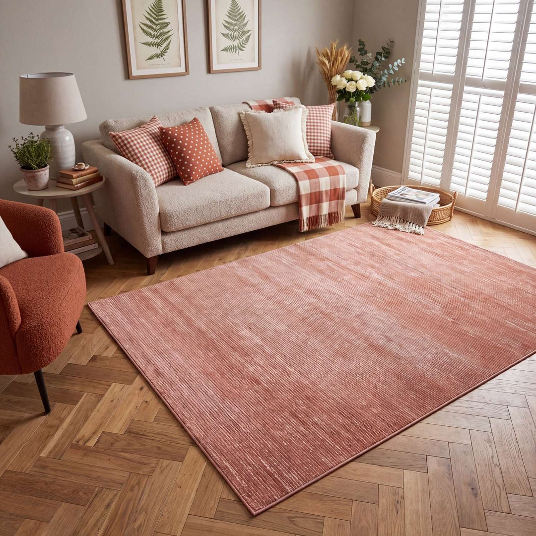 Carmel terra striped design rug, non-shedding, soft pile, cotton backing, machine-made rug.