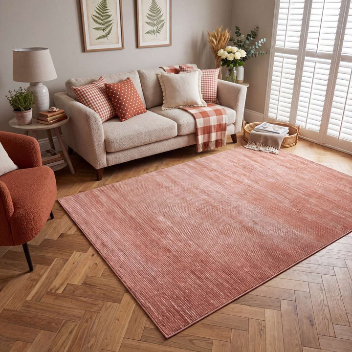 Carmel terra striped design rug, non-shedding, soft pile, cotton backing, machine-made rug.