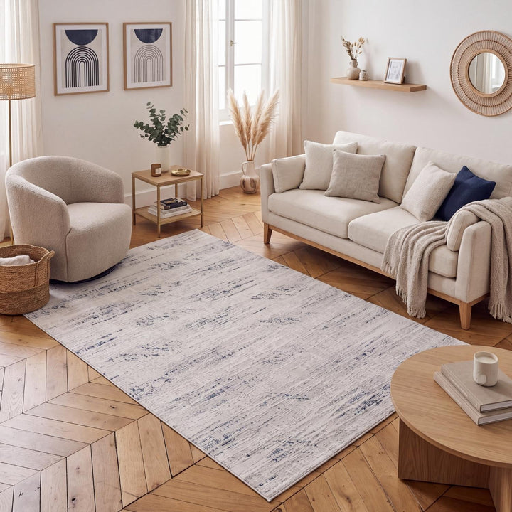 abstract rug, blue-cream colours, anti-allergic, and non-static properties