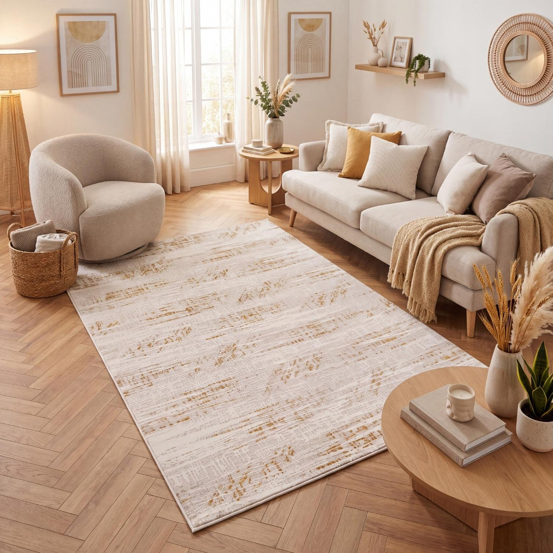 abstract rug, gold-cream colours, anti-allergic, and non-static properties