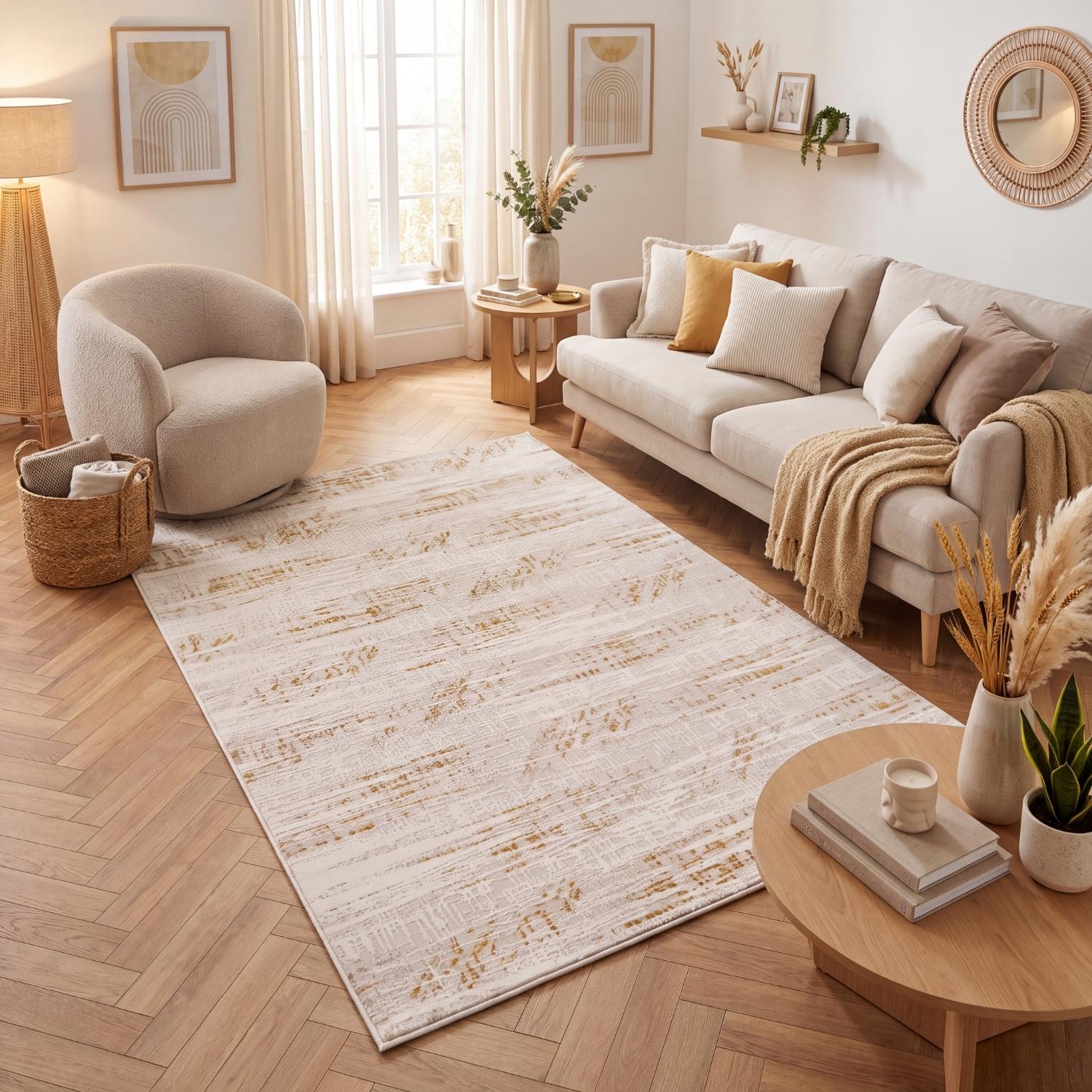 abstract rug, gold-cream colours, anti-allergic, and non-static properties