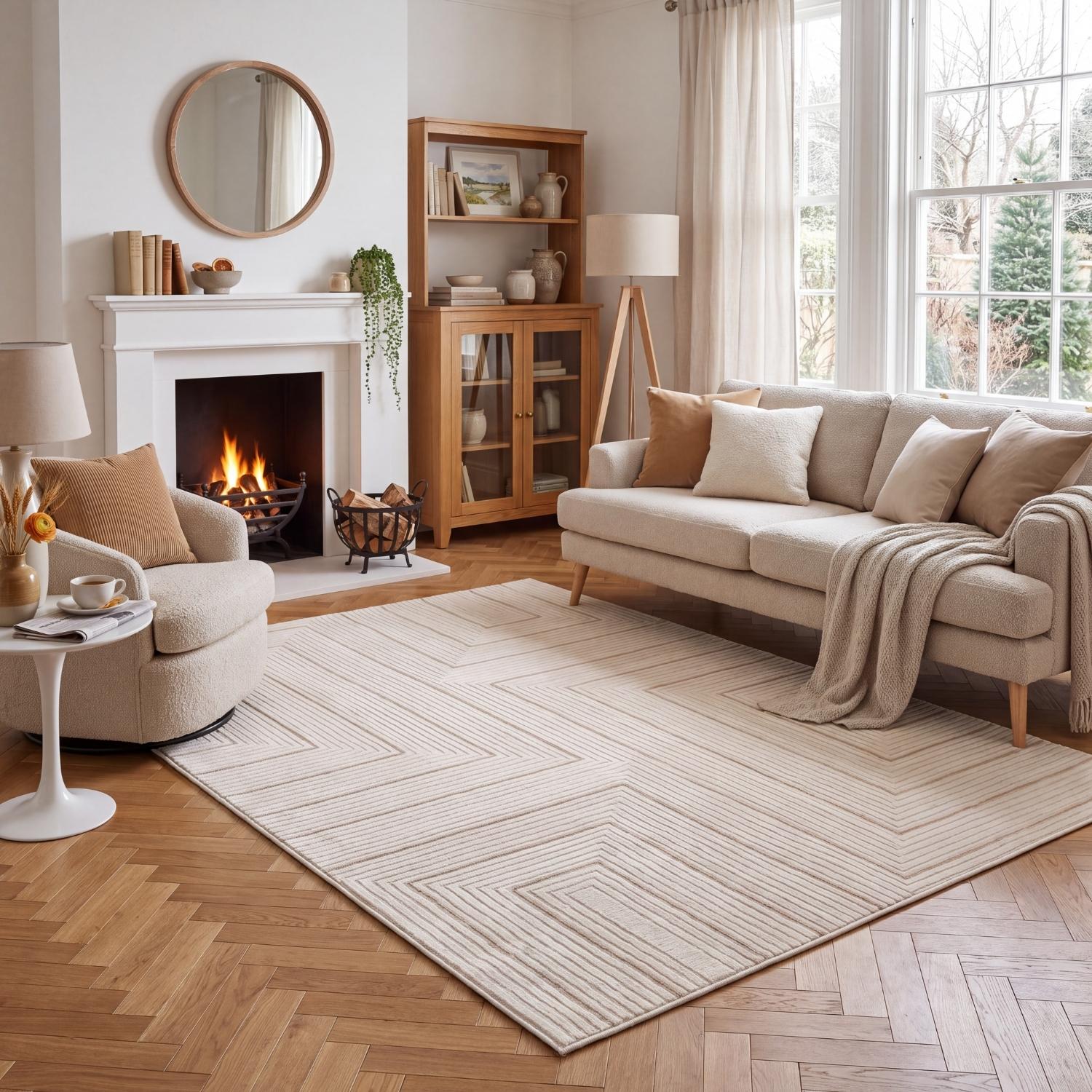 Geometric Living Room rug, beige-cream colours, stain-resistant and non-shedding