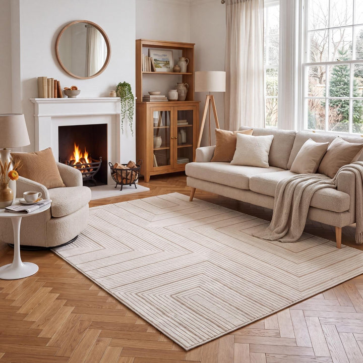Geometric Living Room rug, beige-cream colours, stain-resistant and non-shedding