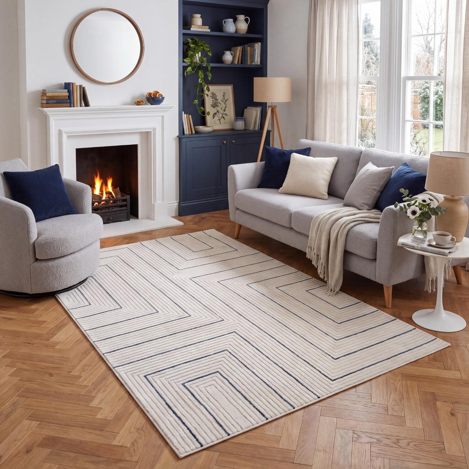 Geometric Living Room rug, blue-cream colours, stain-resistant and non-shedding