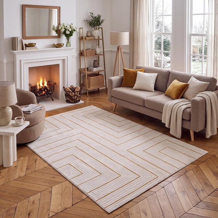 Geometric Living Room rug, gold-cream colours, stain-resistant and non-shedding