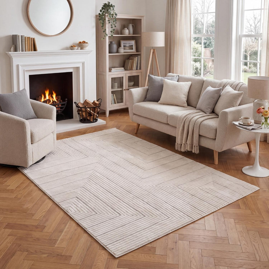 Geometric Living Room rug, grey-cream colours, stain-resistant and non-shedding