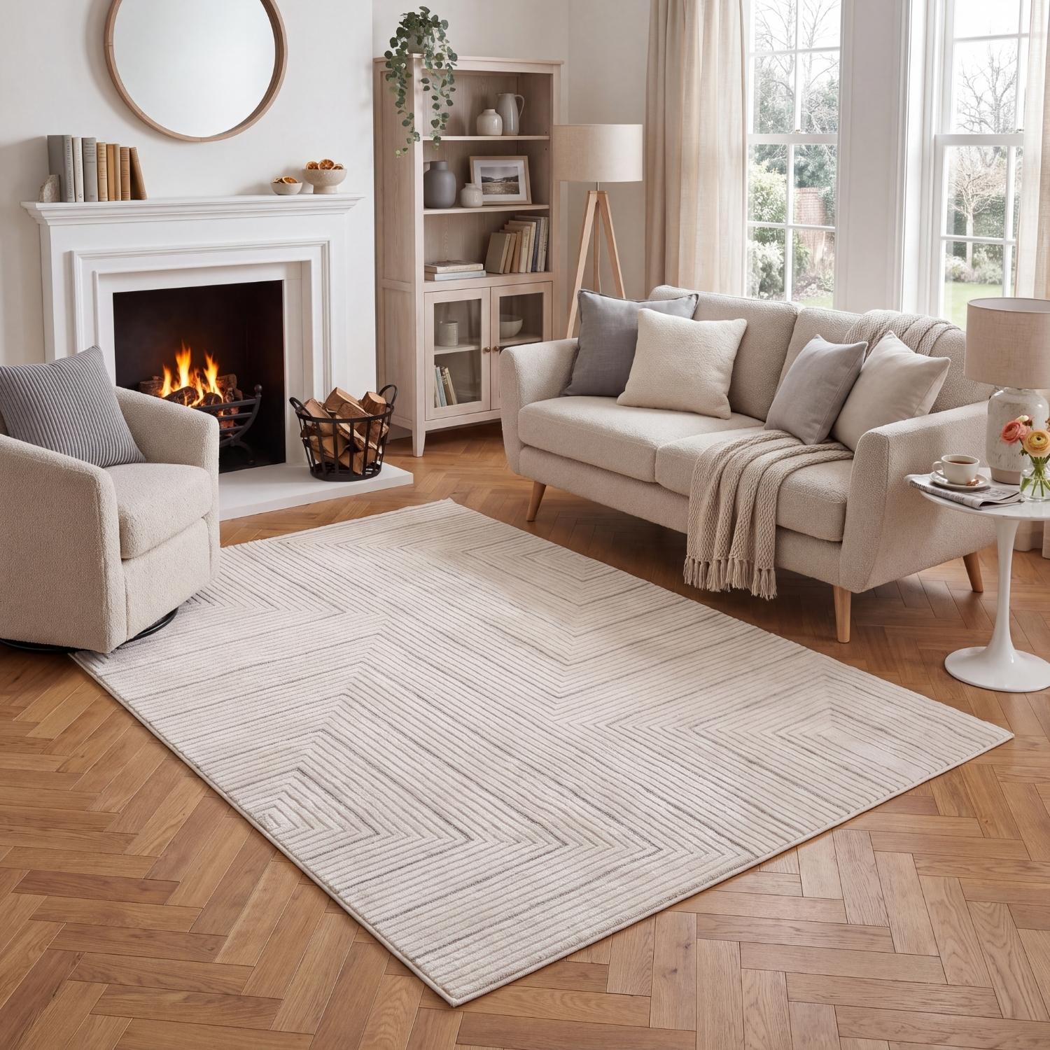 Geometric Living Room rug, grey-cream colours, stain-resistant and non-shedding