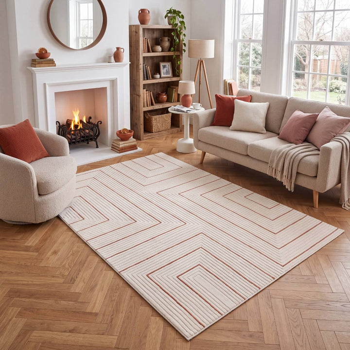 Living Room, perfect mix of clean design, lasting comfort, terra-cream rug.