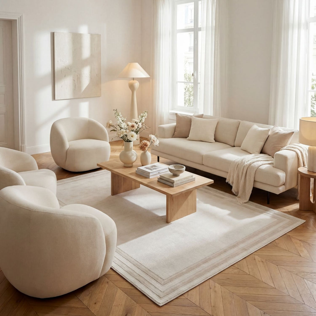 Beige rug with a circular detail showing texture