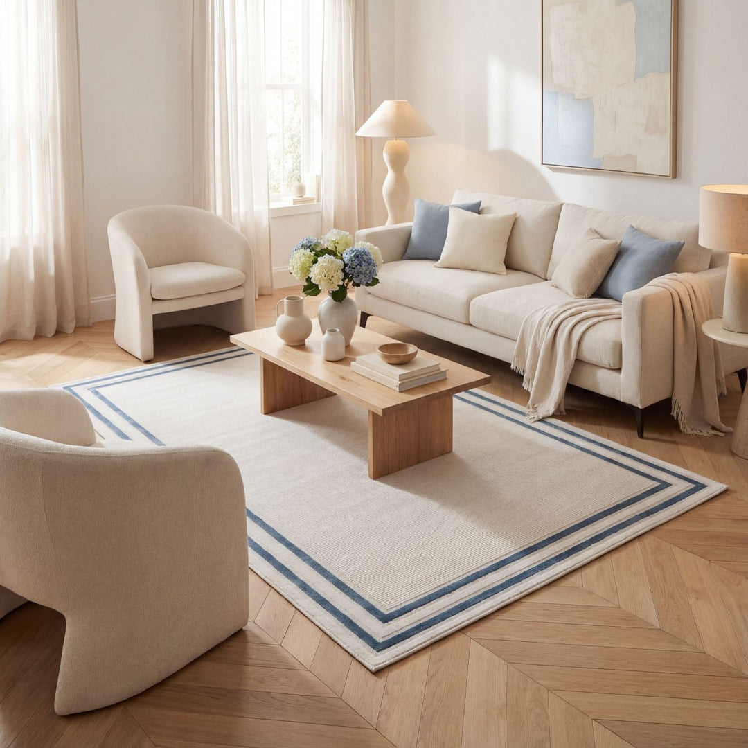 Bordered Living Room rug, blue-cream colours, stain-resistant and non-shedding