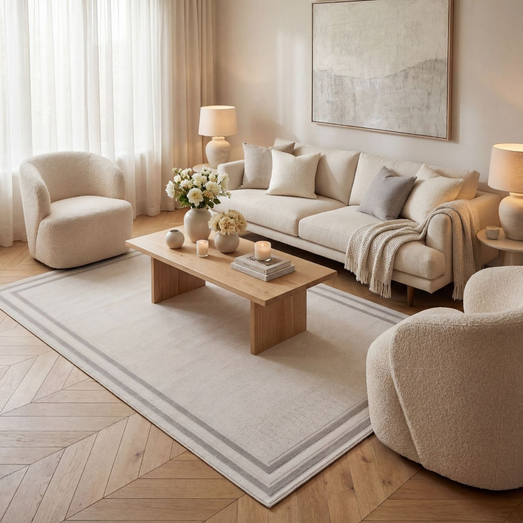 Bordered Living Room rug, grey-cream colours, stain-resistant and non-shedding