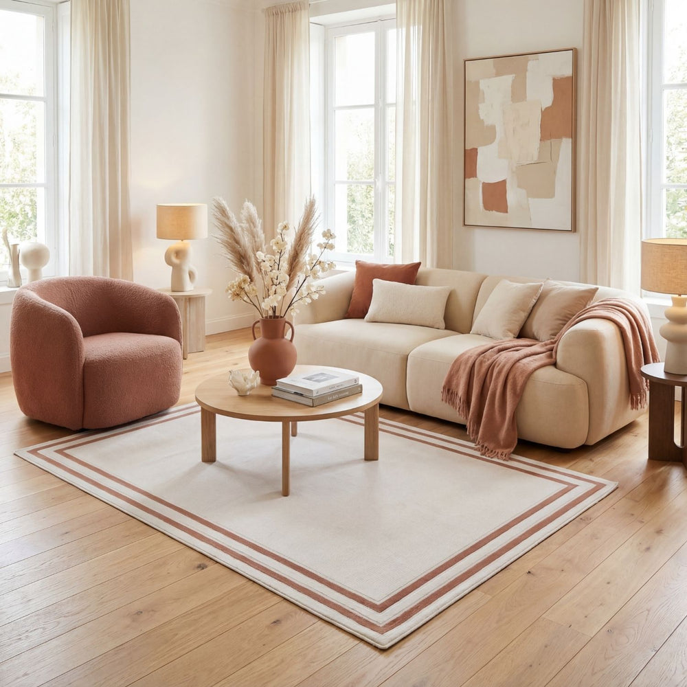 Bordered Living Room rug, terra-cream colours, stain-resistant and non-shedding