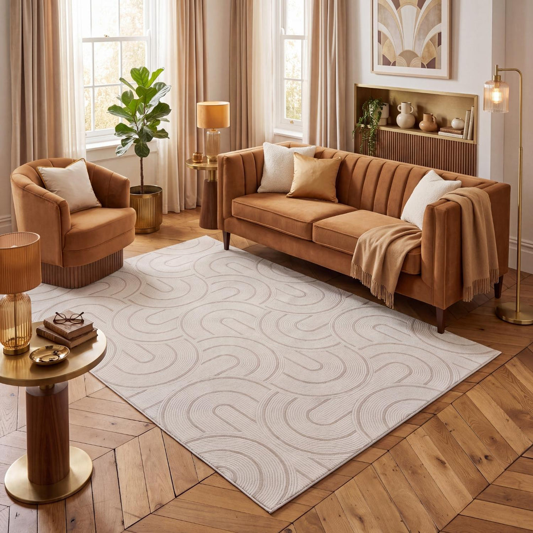 Living Room rug, beige-cream colours, geometric, practicality in mind, the rug is anti-allergic.