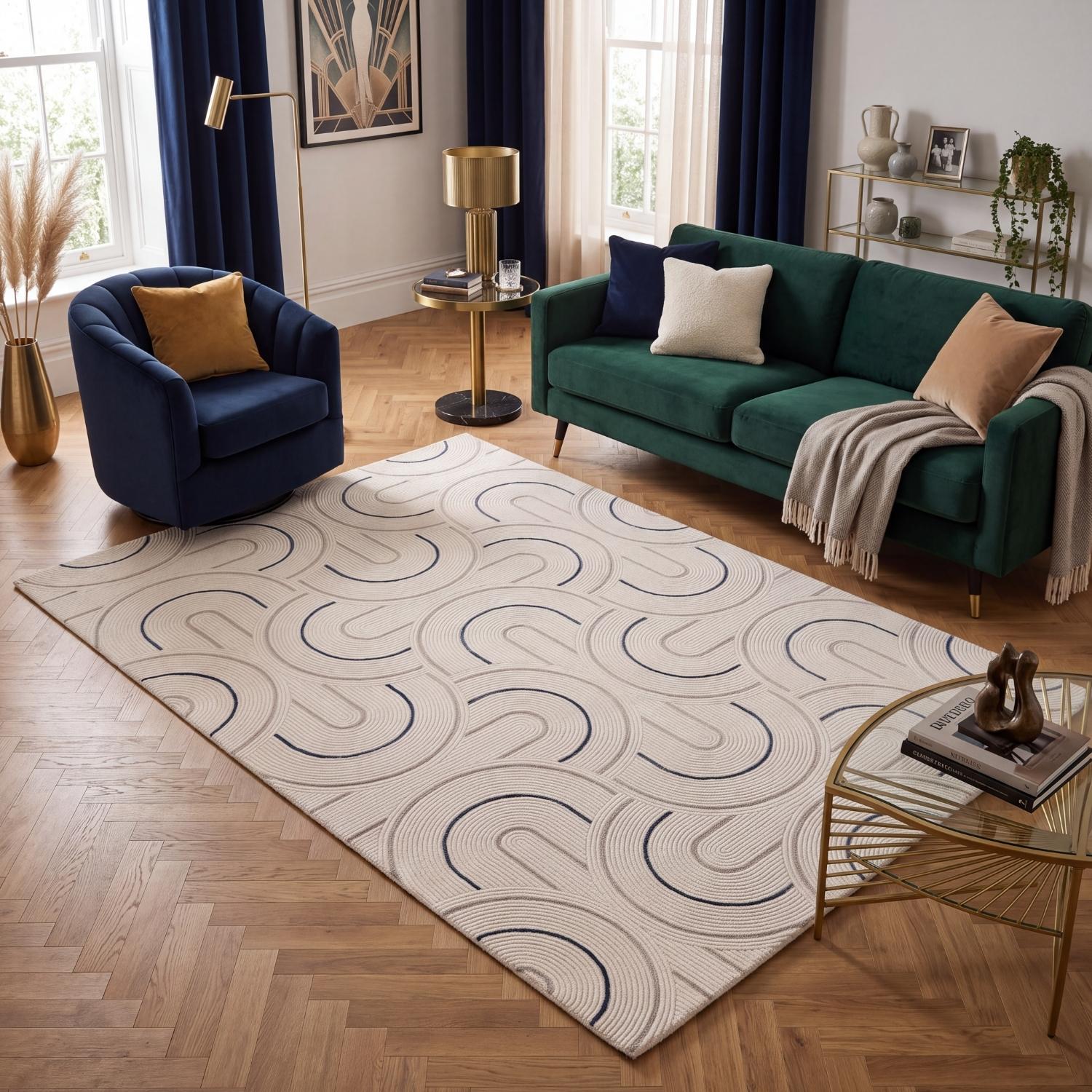 Living Room rug, blue-cream colours, geometric, practicality in mind, the rug is anti-allergic.