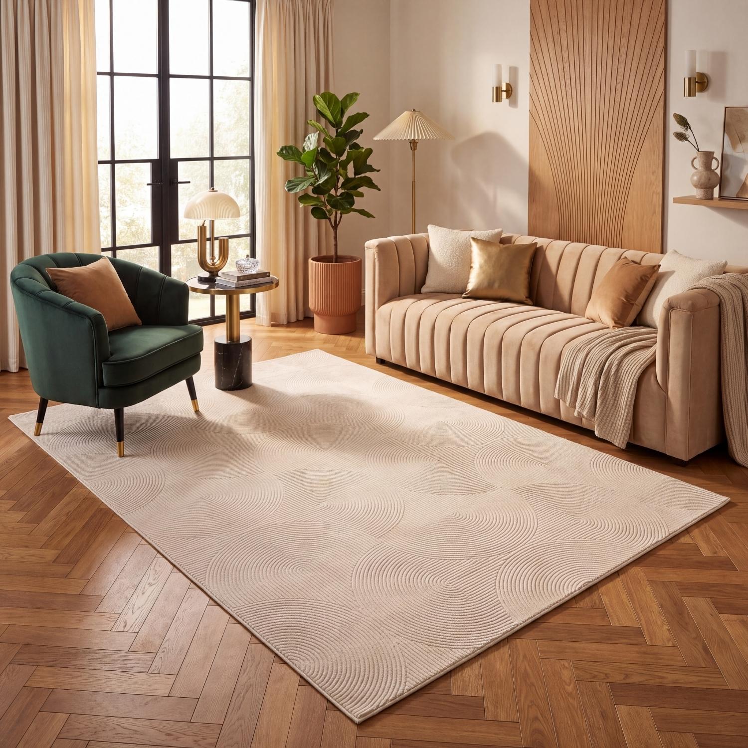 Living Room rug, cream colours, geometric, practicality in mind, the rug is anti-allergic.
