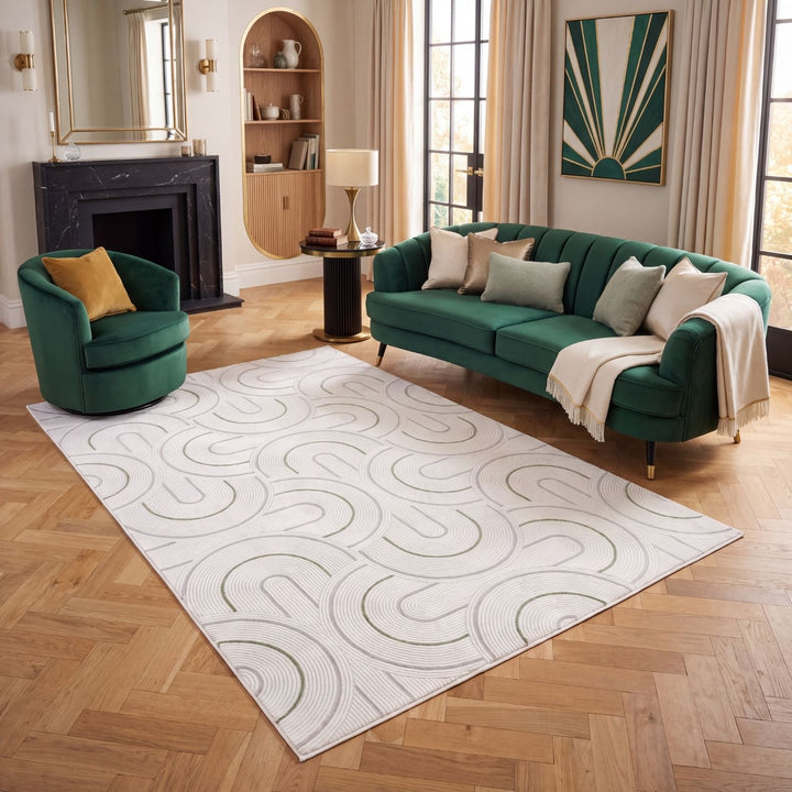 geometric design sage green colour rug, rectangular and runner shapes, high quality materials, soft and textured pile, easy to clean rug.