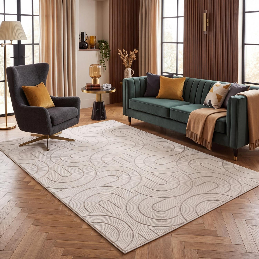 Living Room rug, grey-cream colours, geometric, practicality in mind, the rug is anti-allergic.