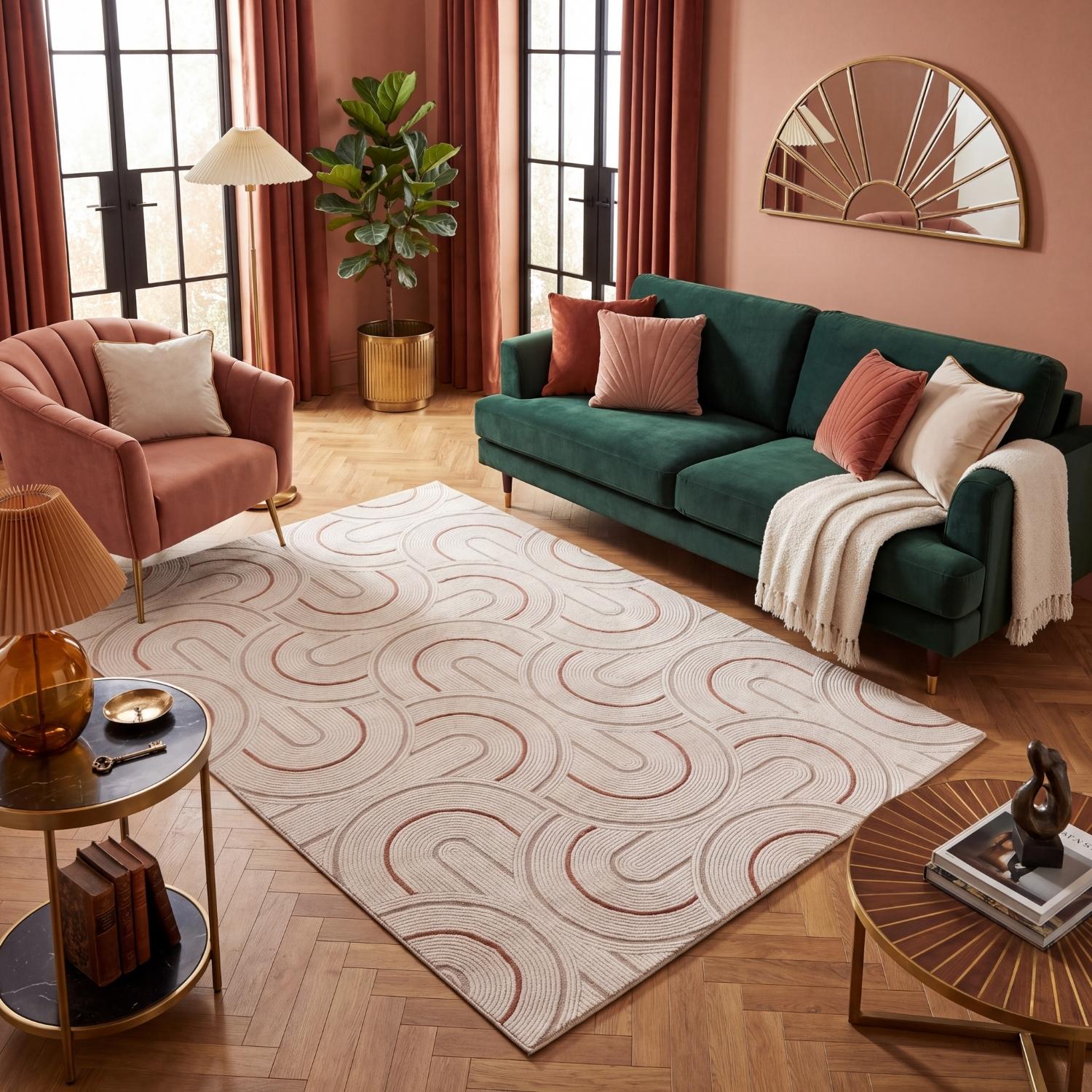 Living Room rug, terra-cream colours, geometric, practicality in mind, the rug is anti-allergic.