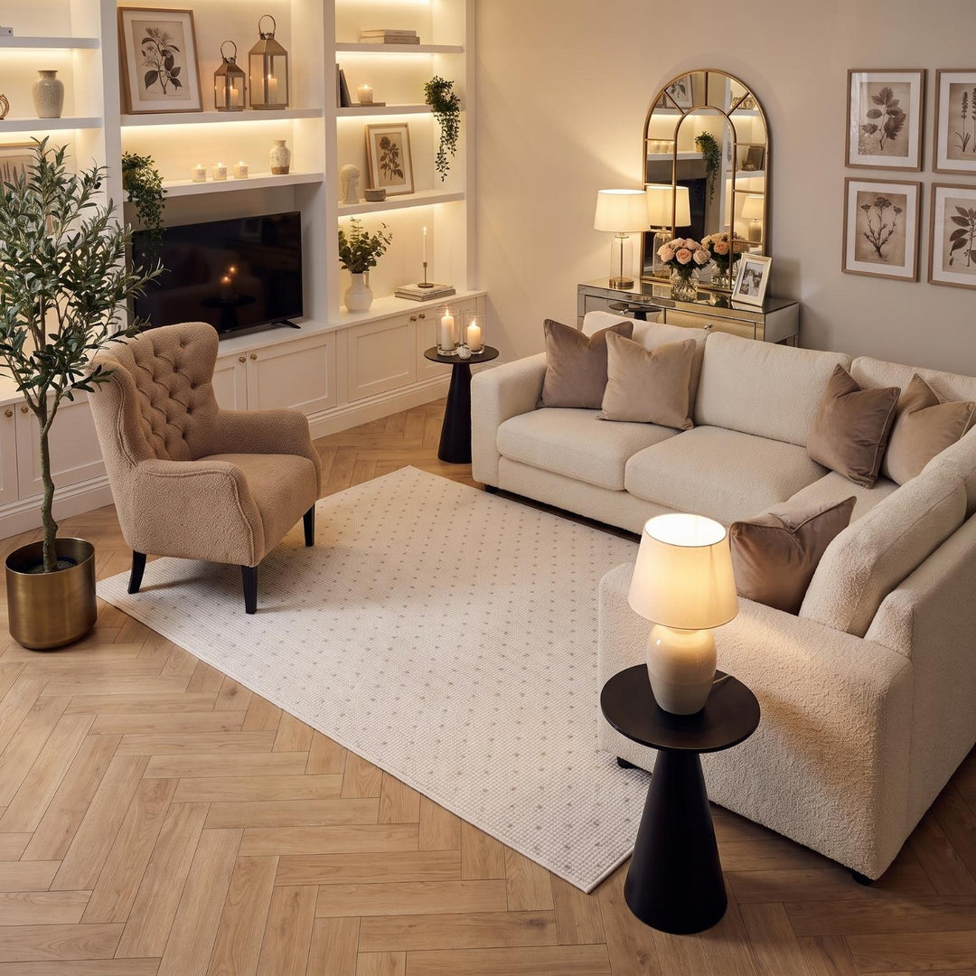 Living Room rug, beige-cream colours, dots, practicality in mind, the rug is anti-allergic.