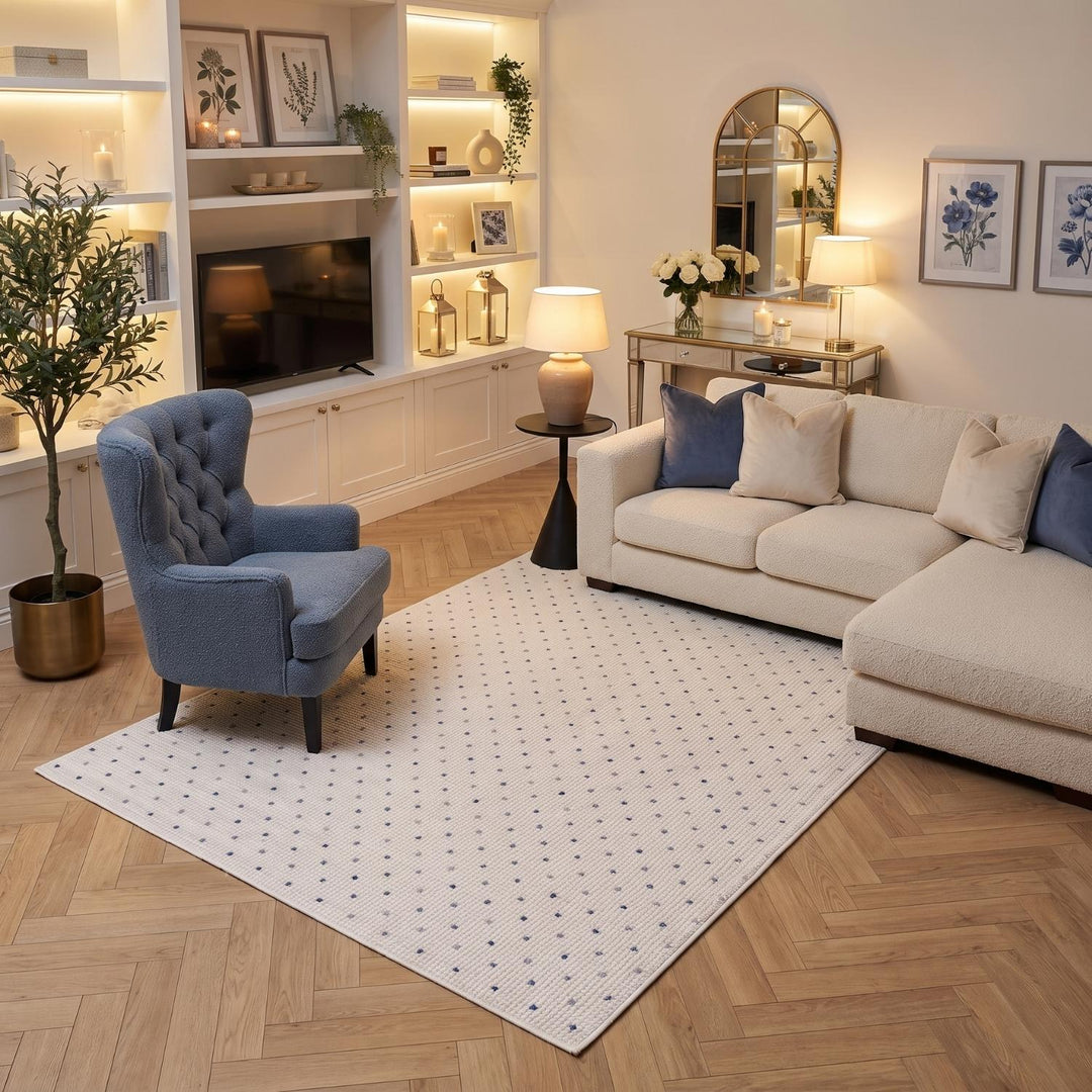 Living Room rug, blue-cream colours, dots, practicality in mind, the rug is anti-allergic.