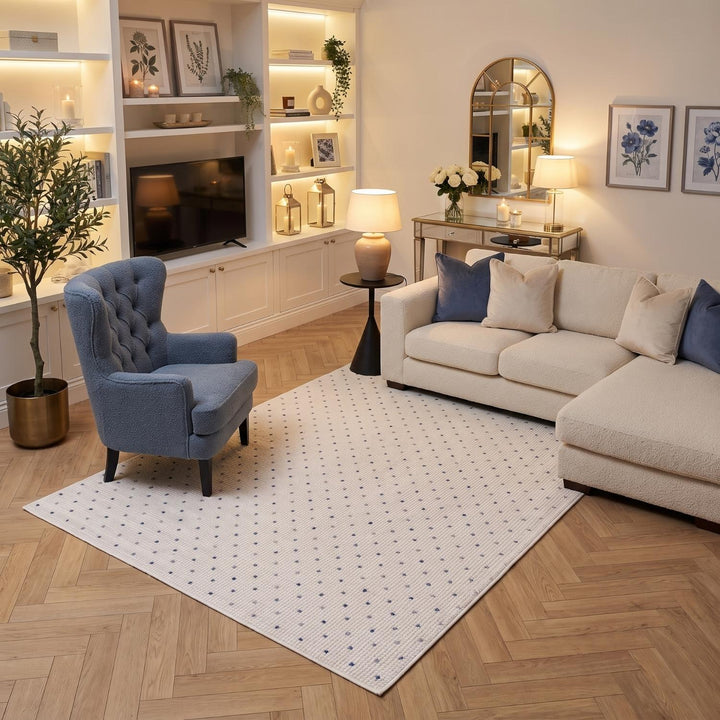 Living Room rug, blue-cream colours, dots, practicality in mind, the rug is anti-allergic.