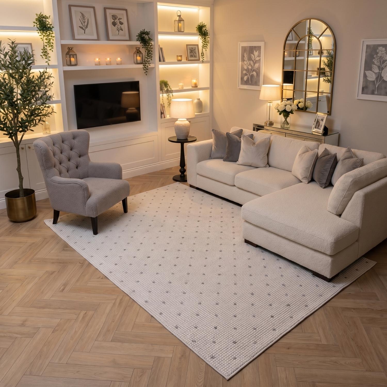 Living Room rug, grey-cream colours, dots, practicality in mind, the rug is anti-allergic.