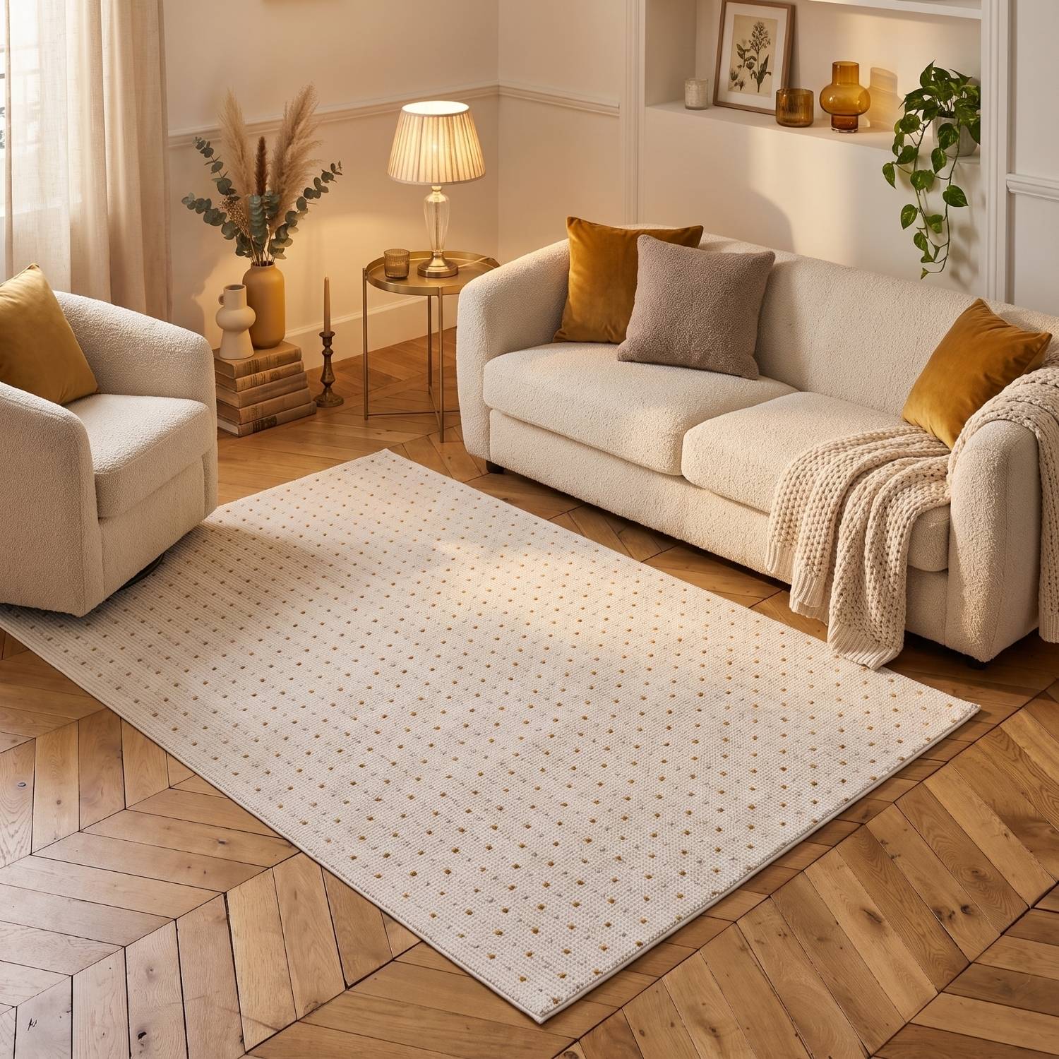 Living Room Rug, gold-cream colors, durability and underfoot comfort.
