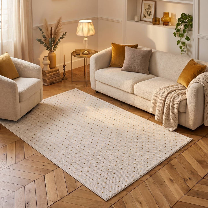 Living Room Rug, gold-cream colors, durability and underfoot comfort.