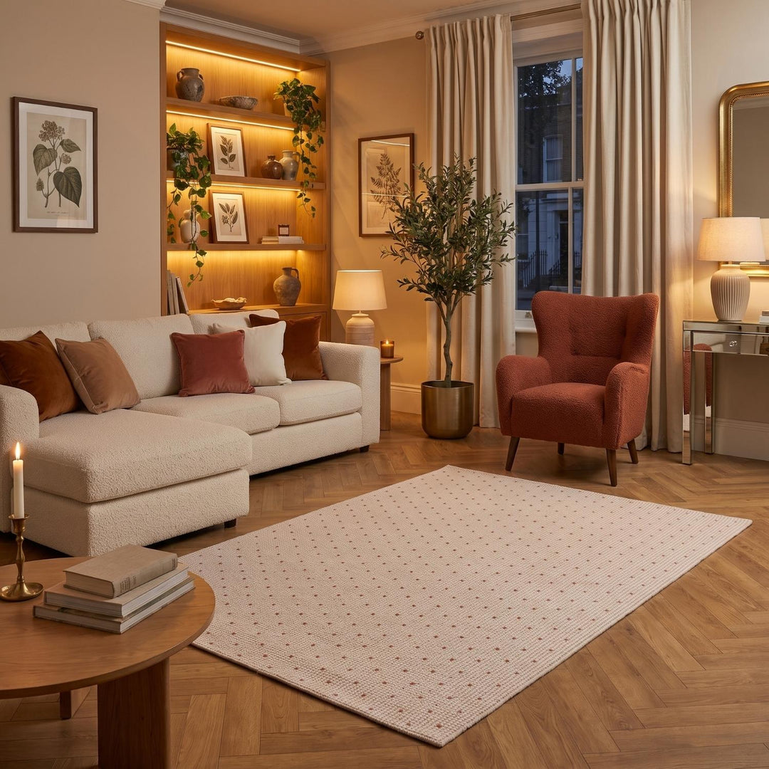 Living Room rug, dots, practicality in mind, the rug is anti-allergic.