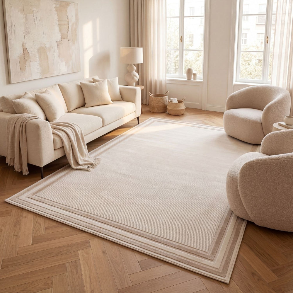Modern living room with beige sofa, armchair, and rug on wooden floor.