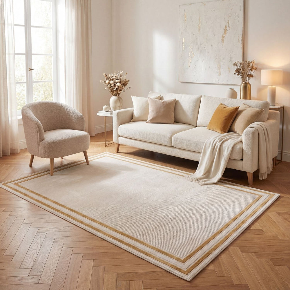Living room with a beige sofa, armchair, and decorative rug.