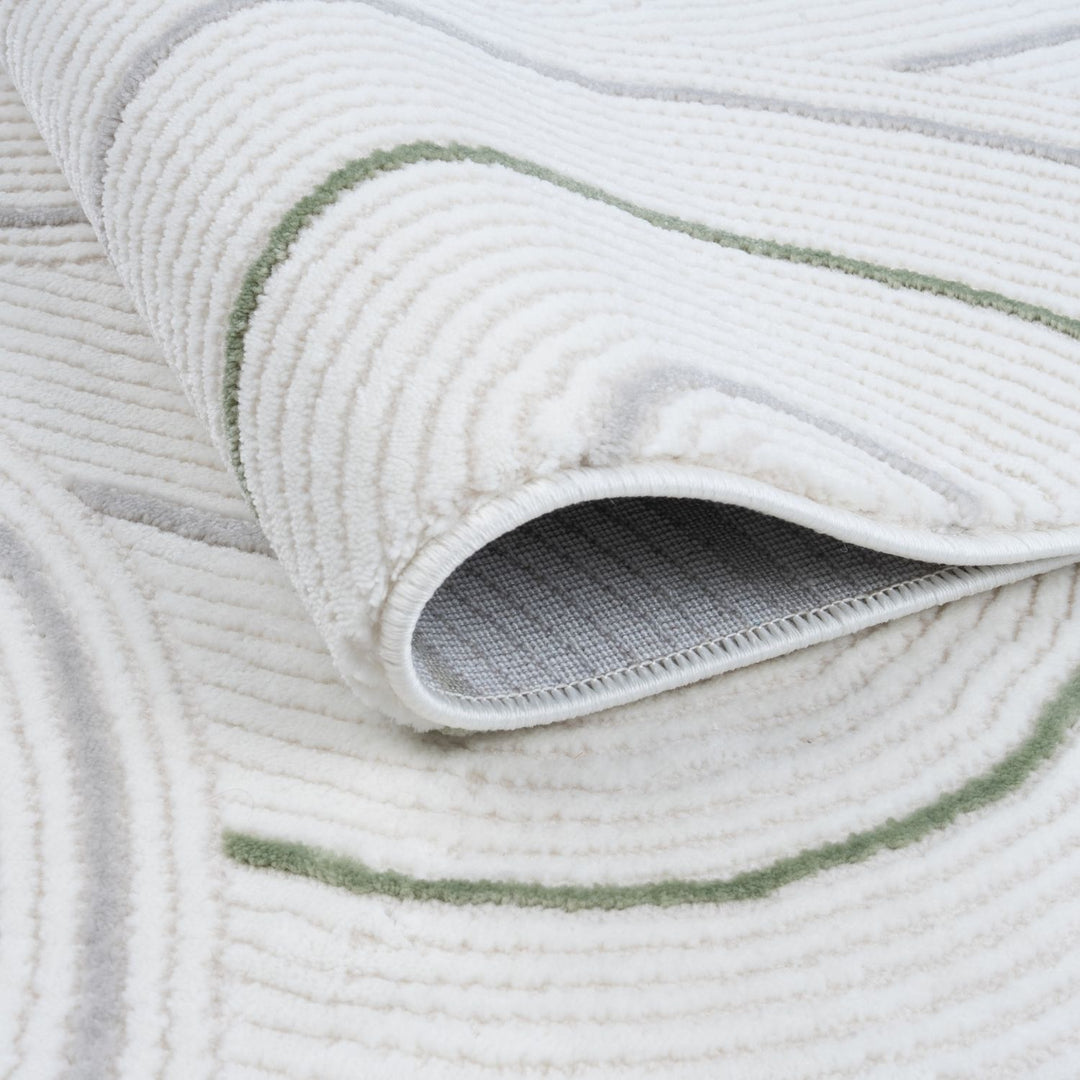geometric design sage green colour rug, rectangular and runner shapes, high quality materials, soft and textured pile, easy to clean rug.