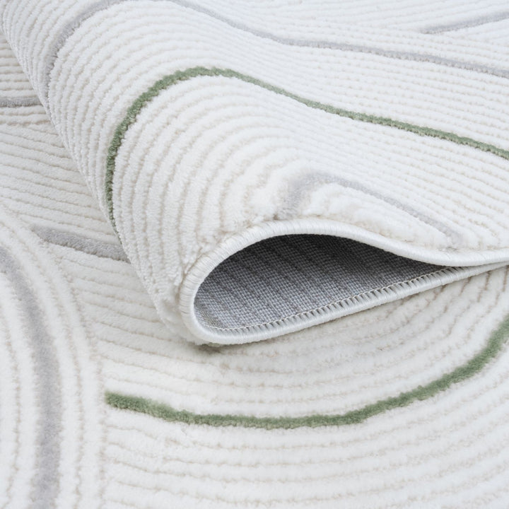geometric design sage green colour rug, rectangular and runner shapes, high quality materials, soft and textured pile, easy to clean rug.