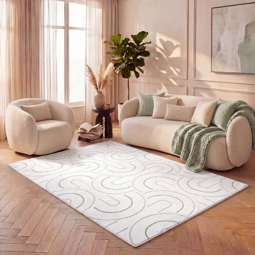 geometric design sage green colour rug, rectangular and runner shapes, high quality materials, soft and textured pile, easy to clean rug.