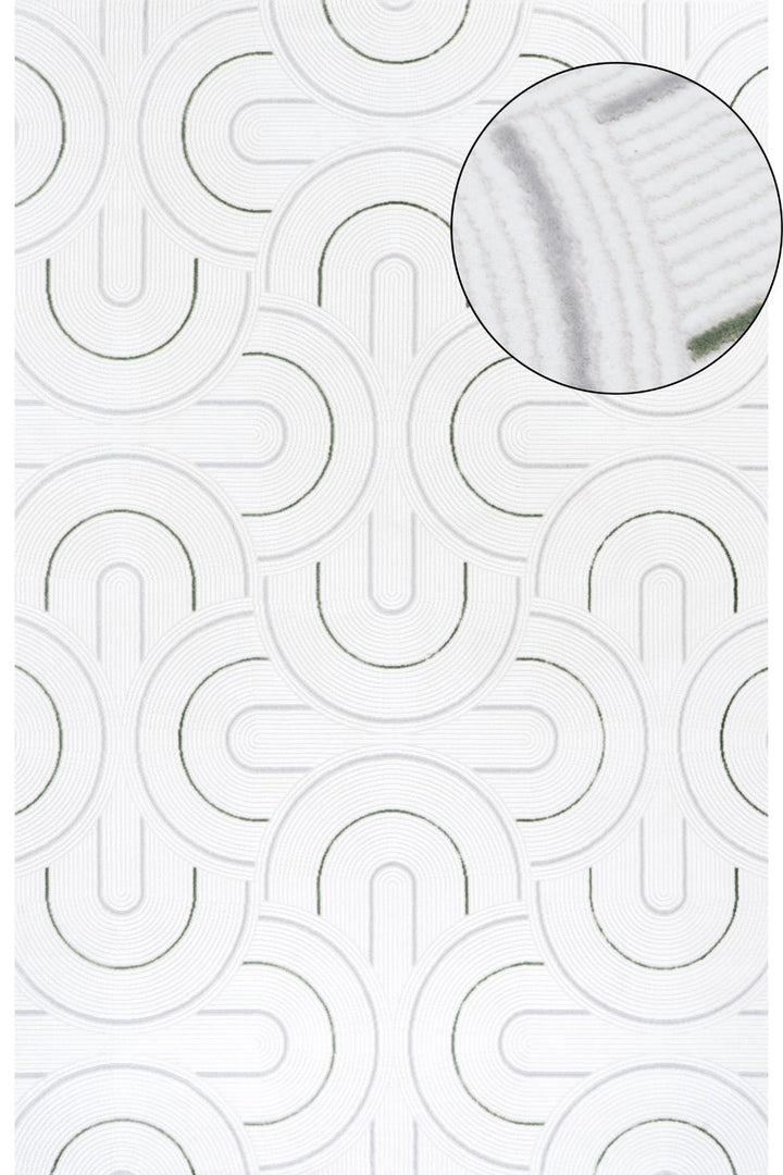 geometric design sage green colour rug, rectangular and runner shapes, high quality materials, soft and textured pile, easy to clean rug.