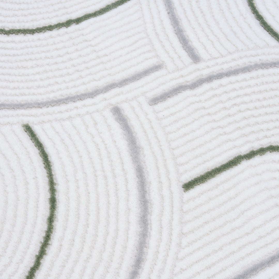 geometric design sage green colour rug, rectangular and runner shapes, high quality materials, soft and textured pile, easy to clean rug.