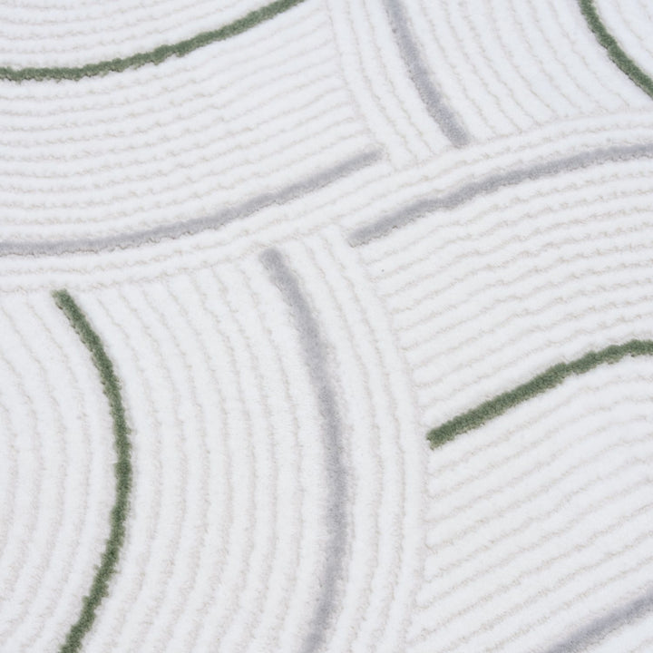 geometric design sage green colour rug, rectangular and runner shapes, high quality materials, soft and textured pile, easy to clean rug.