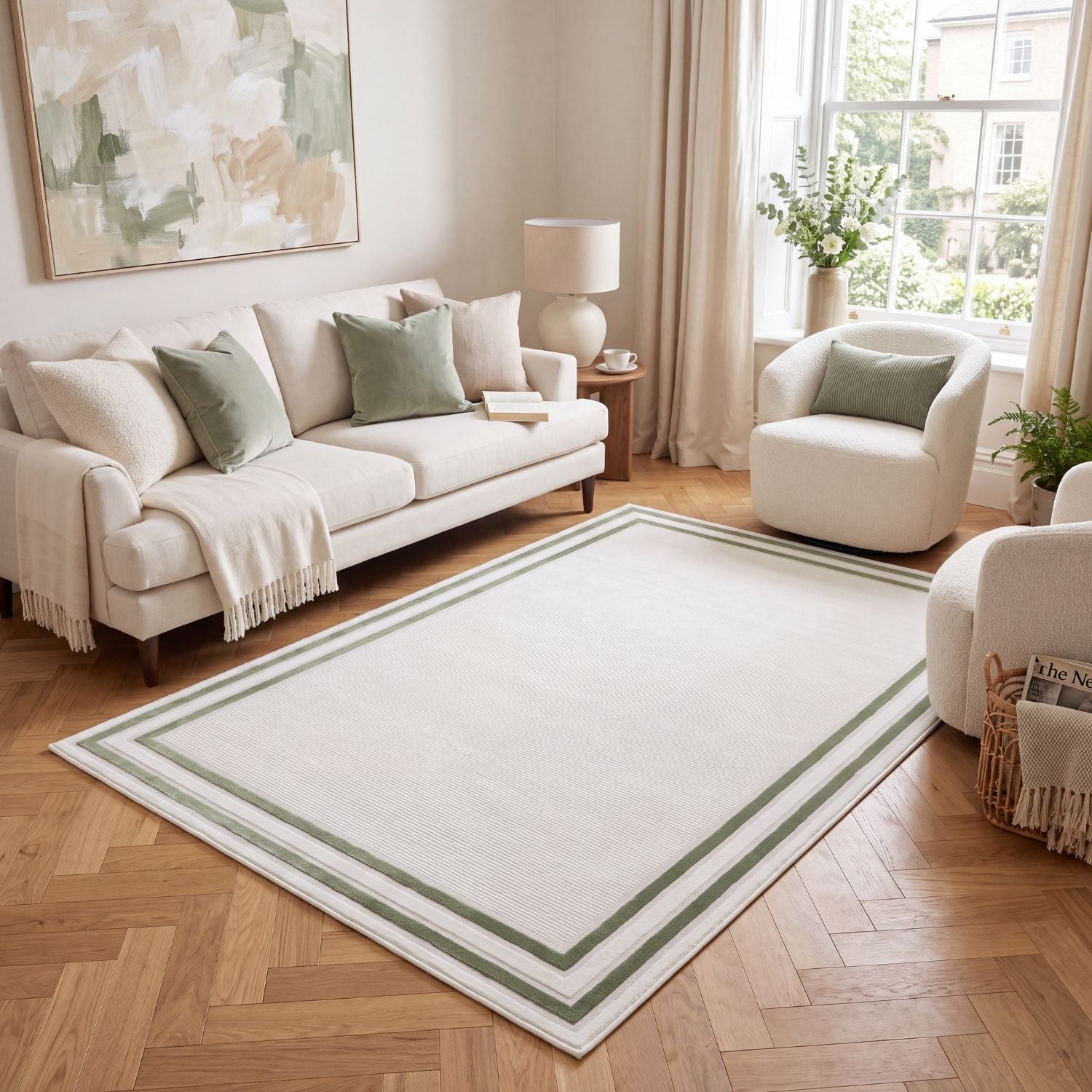 green bordered rug, anti-static, comfortable for every living areas, soft pile, easy care rug.