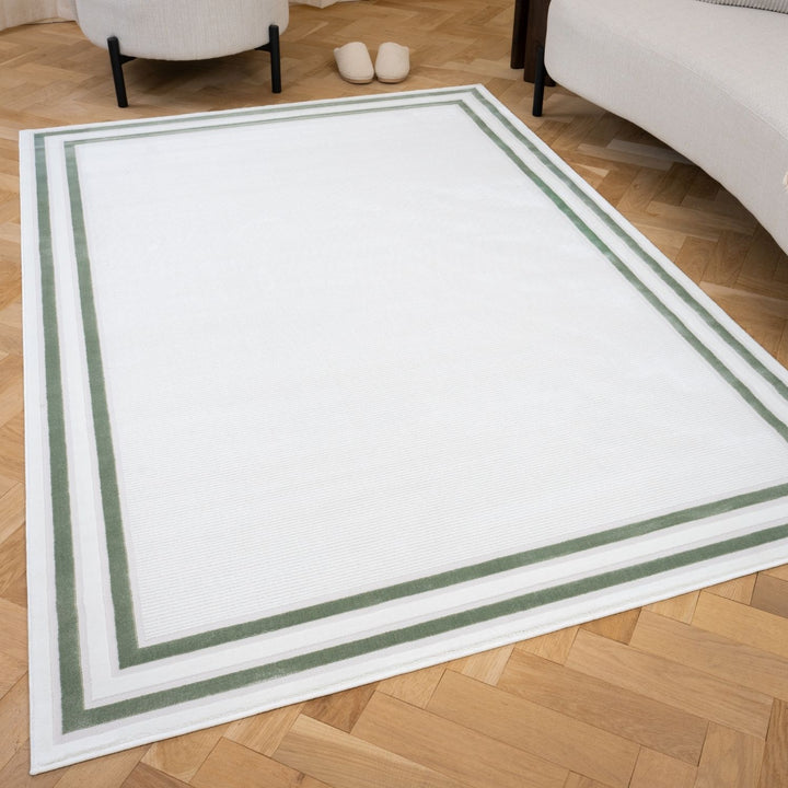 green bordered rug, anti-static, comfortable for every living areas, soft pile, easy care rug.