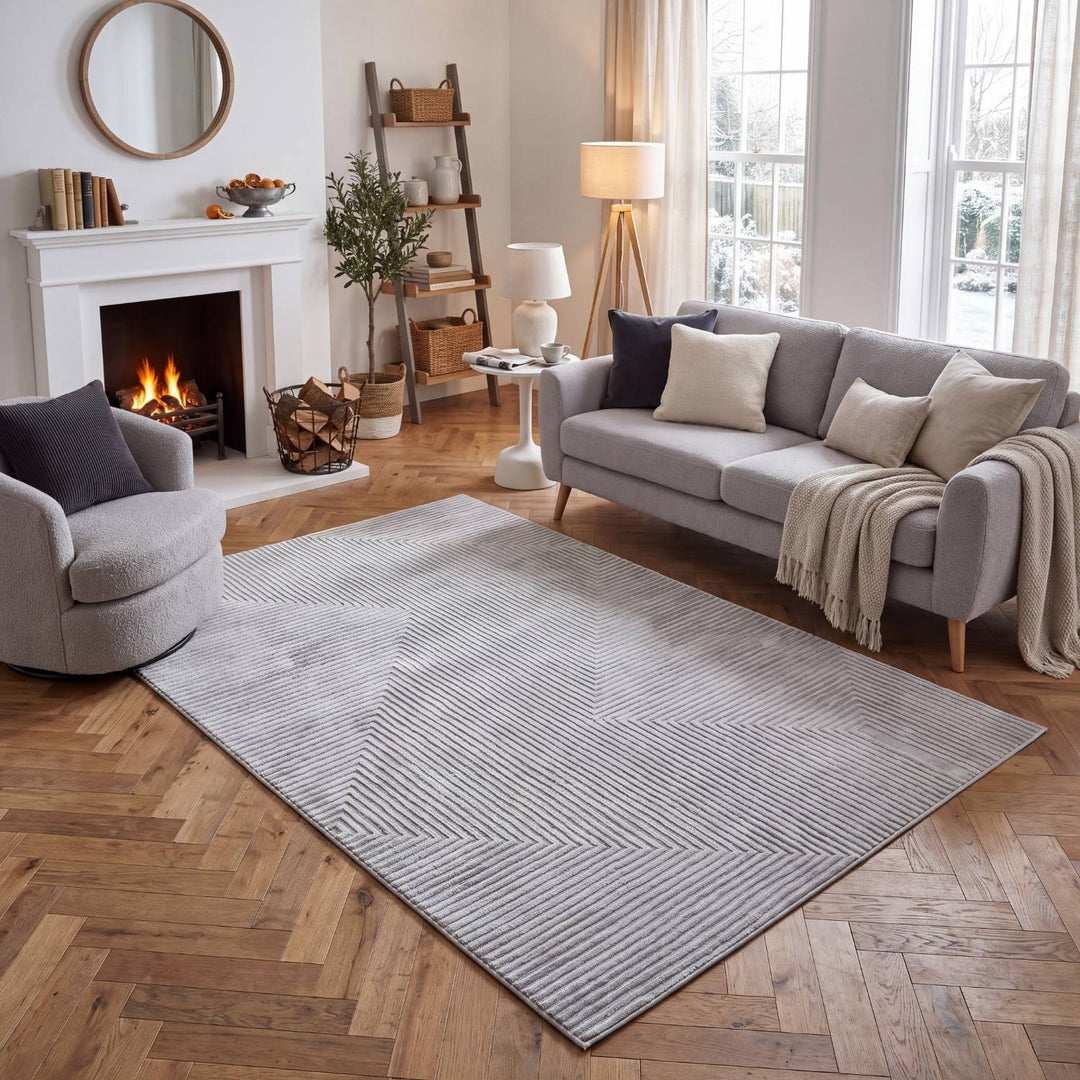 Geometric Living Room rug, grey colour, stain-resistant and non-shedding