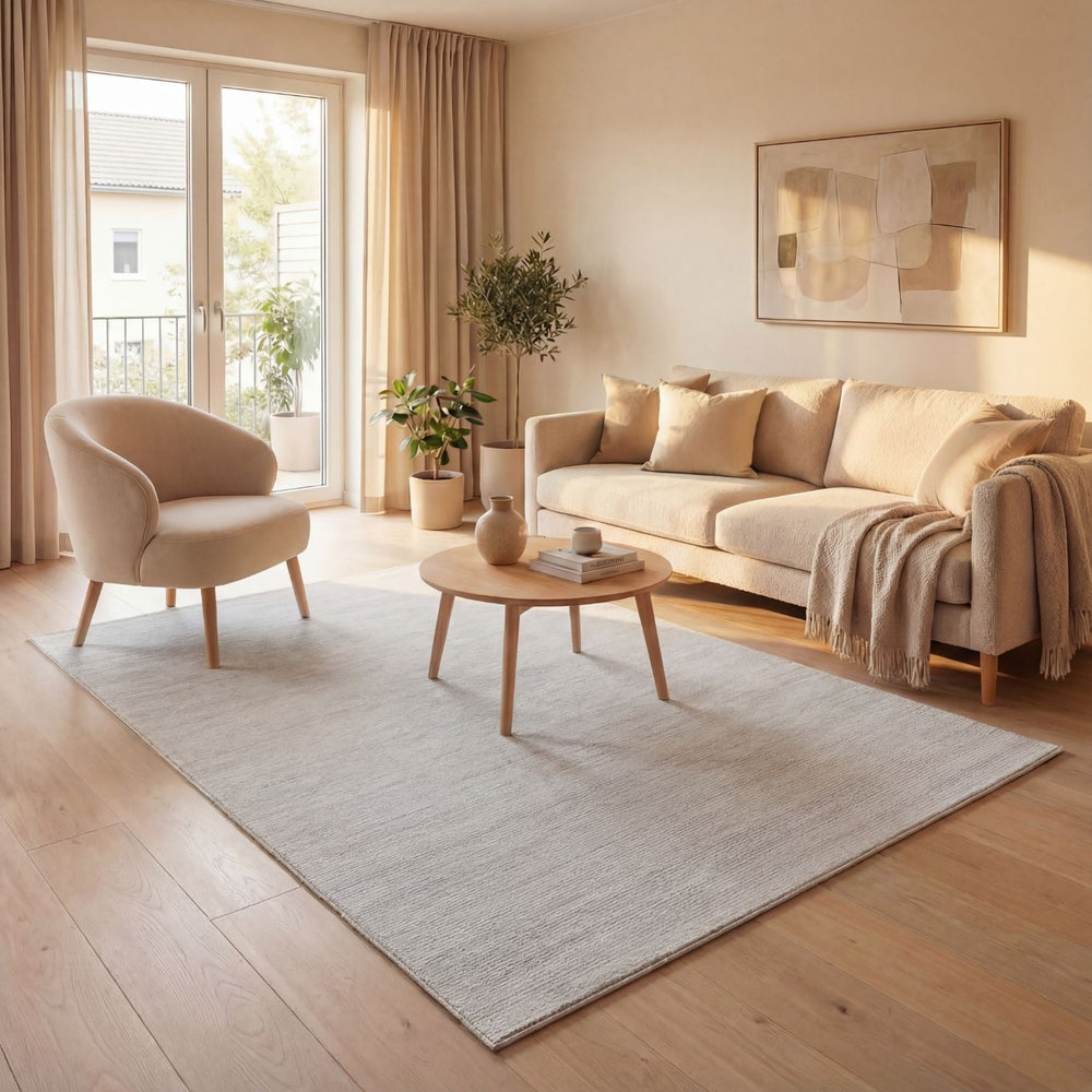 grey-cream colours, striped design, stain-resistant, Cosy comfort rug.