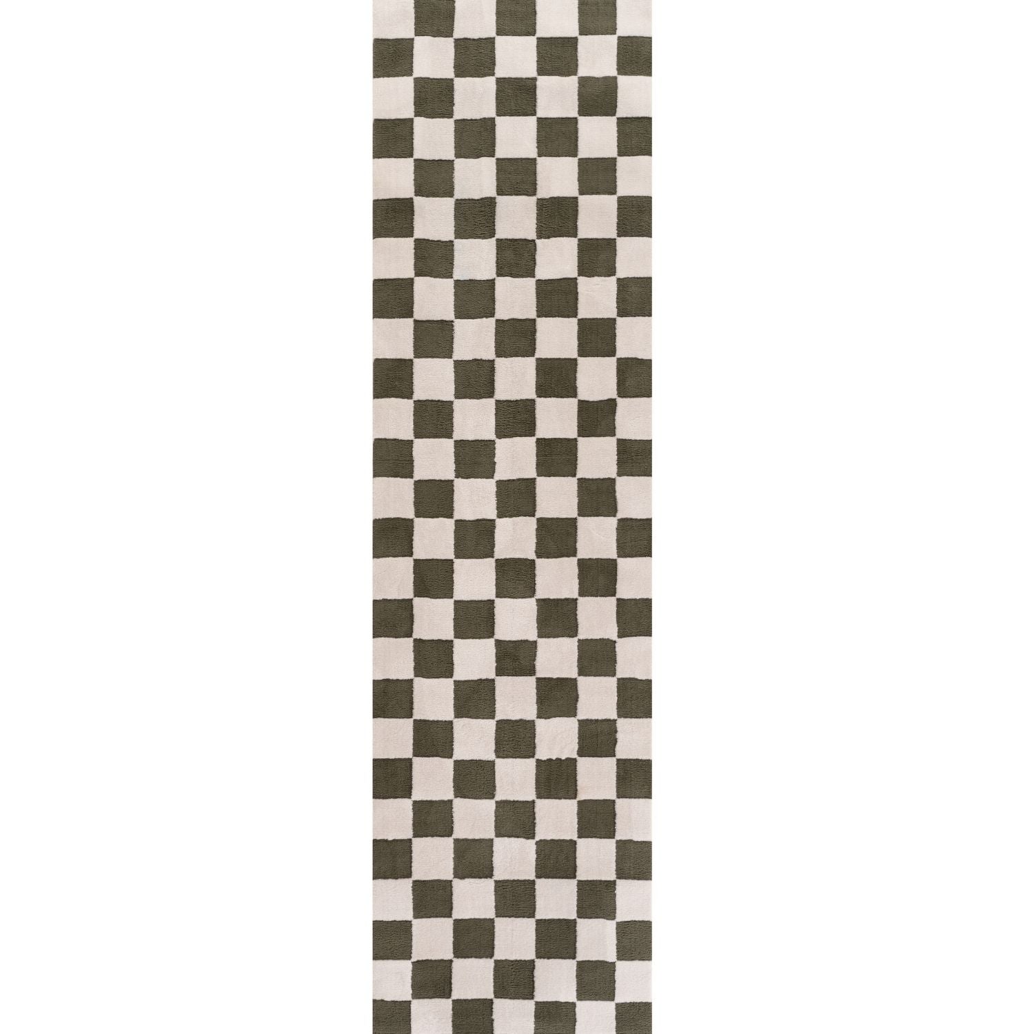 Checkered patterned rug with green and white squares on a plain background