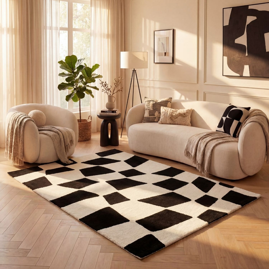 Living room with a checkered black and white rug, beige sofa, and armchair.
