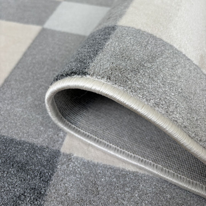 Gray checkered rug with a textured edge