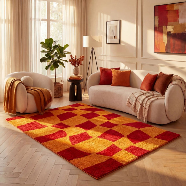 Living room with a checkered red and orange rug, white sofa, and armchair.