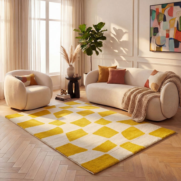Living room with a yellow and white checkered rug, white sofa, and armchair.